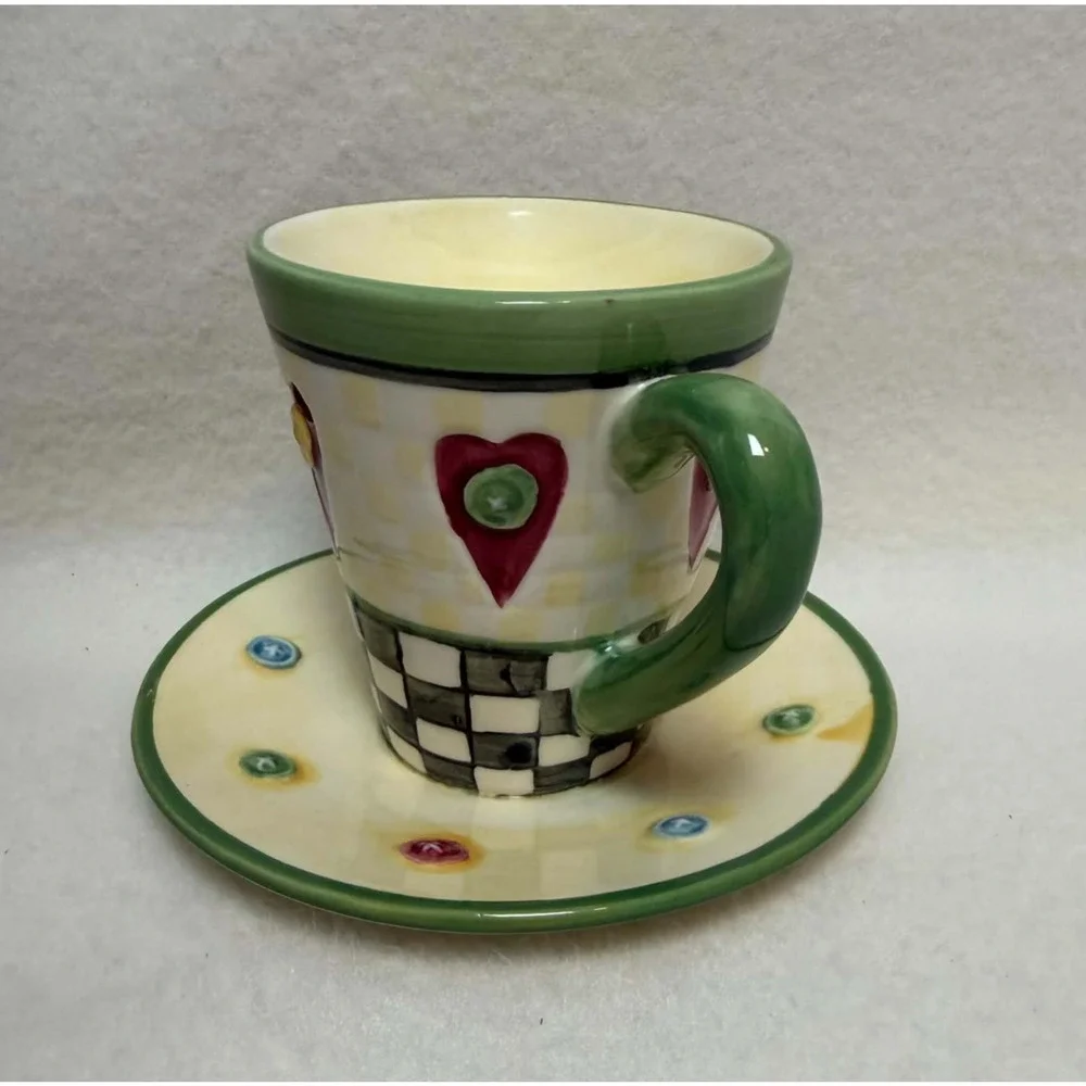Vintage Teacup Wax Tart Warmer Hearts Buttons Checkerboard Whimsical Country
